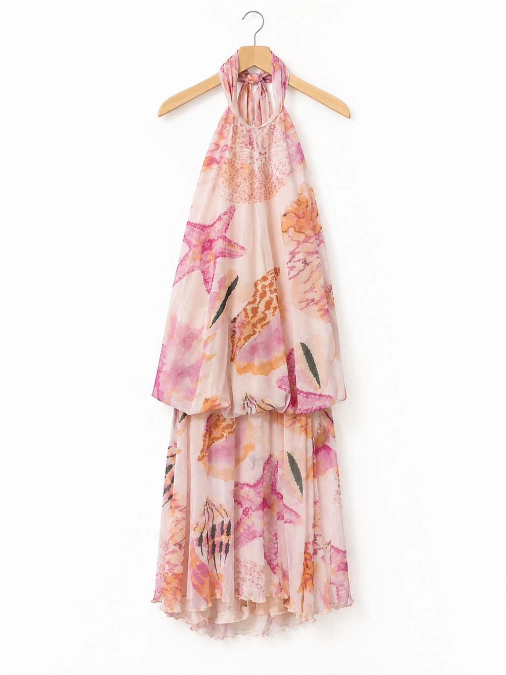 SHEIN Pink and Peach Starfish Print Halter Dress